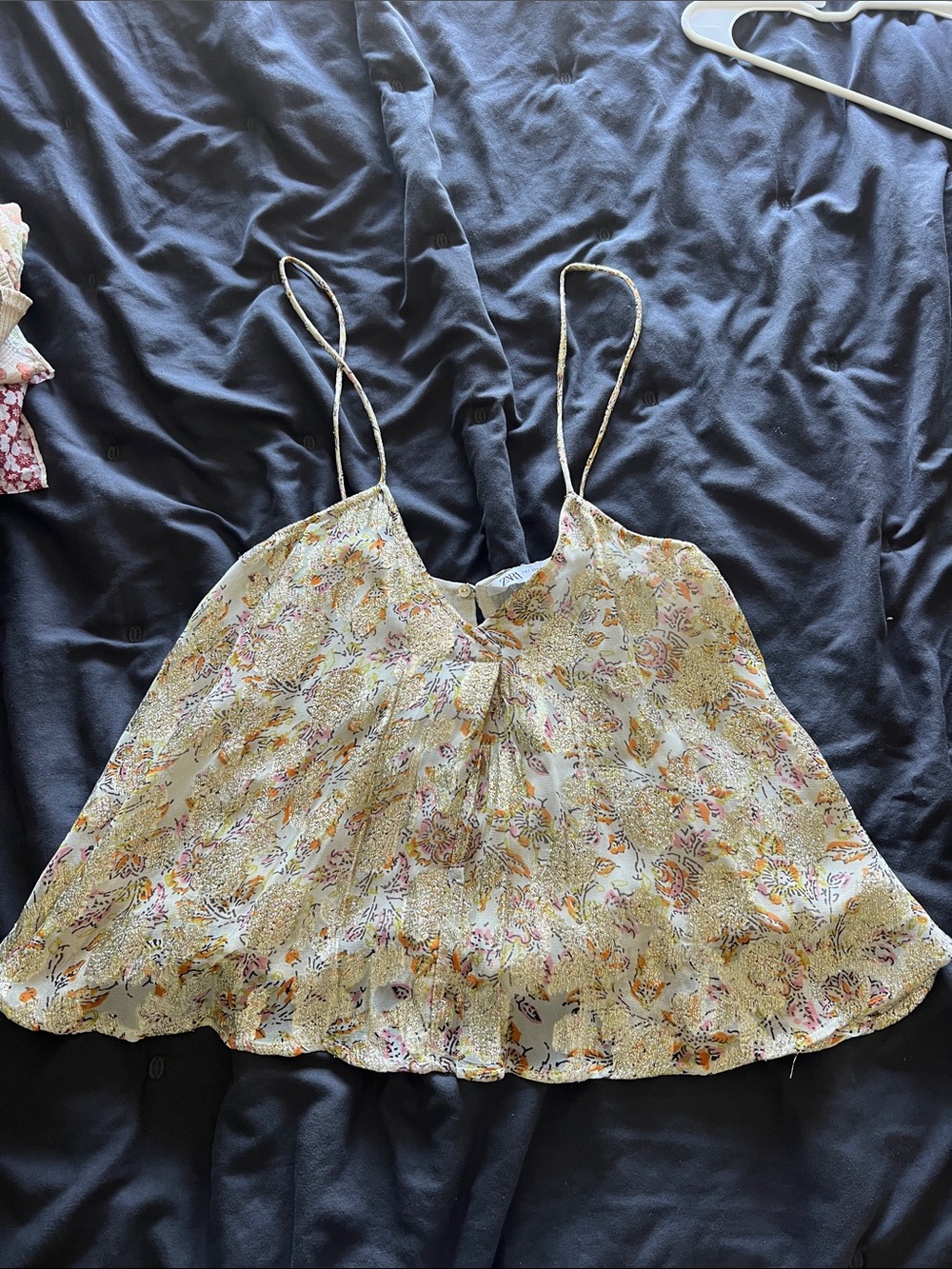 Zara Floral Print Spaghetti Strap Crop Top in Cream and Yellow with gold accents
